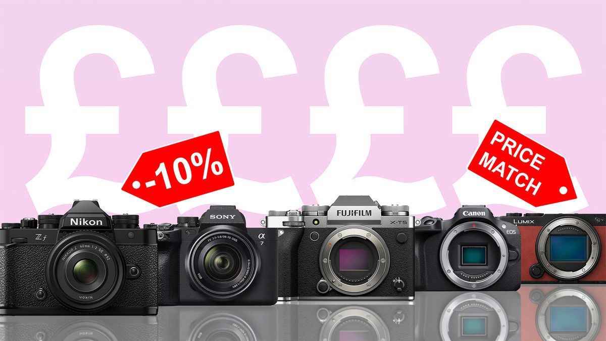 Nikon Zf, Sony A7 IV, Fujifilm X-T5, Canon R100 and Panasonic Lumix S9 on a pink background with huge pound signs behind 