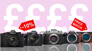 Nikon Zf, Sony A7 IV, Fujifilm X-T5, Canon R100 and Panasonic Lumix S9 on a pink background with huge pound signs behind 