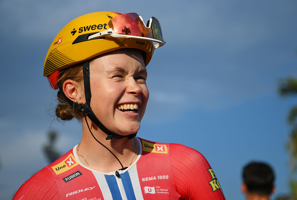 NICE, FRANCE - AUGUST 09: Sigrid Ytterhus Haugset of Norway and Team Uno-X Mobility reacts after the 5th Tour de France Femmes 2026, Stage 9 a 99.2km stage from Nice to Nice / #UCIWWT / on August 09, 2026 in Nice, France. (Photo by Alex Broadway/Getty Images)