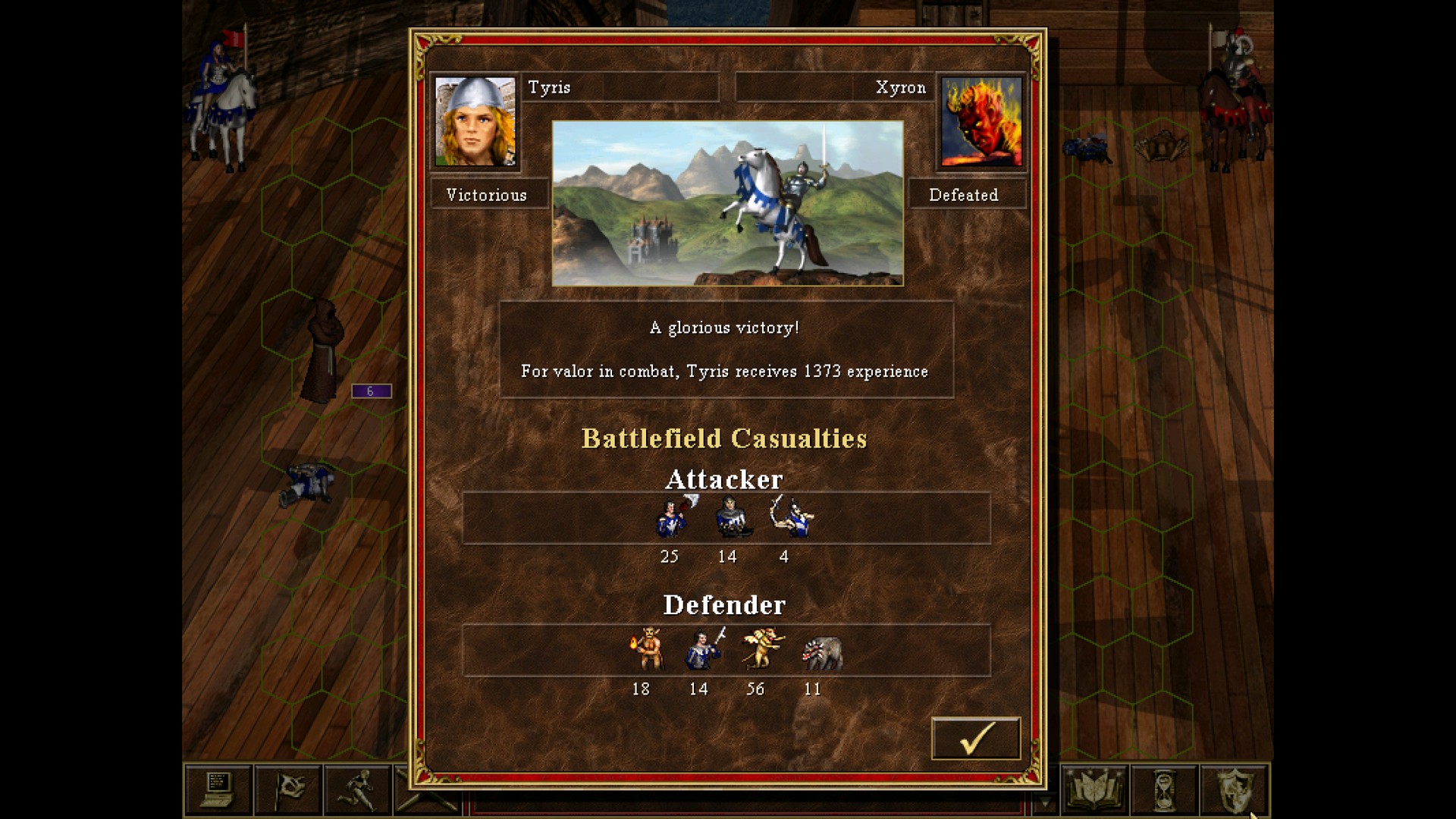 The battle complete screen in Heroes of Might and Magic 3: Complete