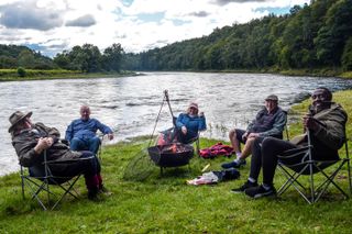 Fishing Scotland’s Lochs and Rivers with (from left), Rosemary Shrager, Les Dennis, Fern Britton, an Botham and Linford Christie.