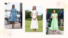 Collage image of some of the best pictures of Kate Middleton's dresses against a beige/yellow background with illustrations of flowers