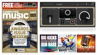 an image of the cover of the February 2024 issue of Computer Music magazine, alongside screenshots of the free Beatskillz plugin and free sample packs
