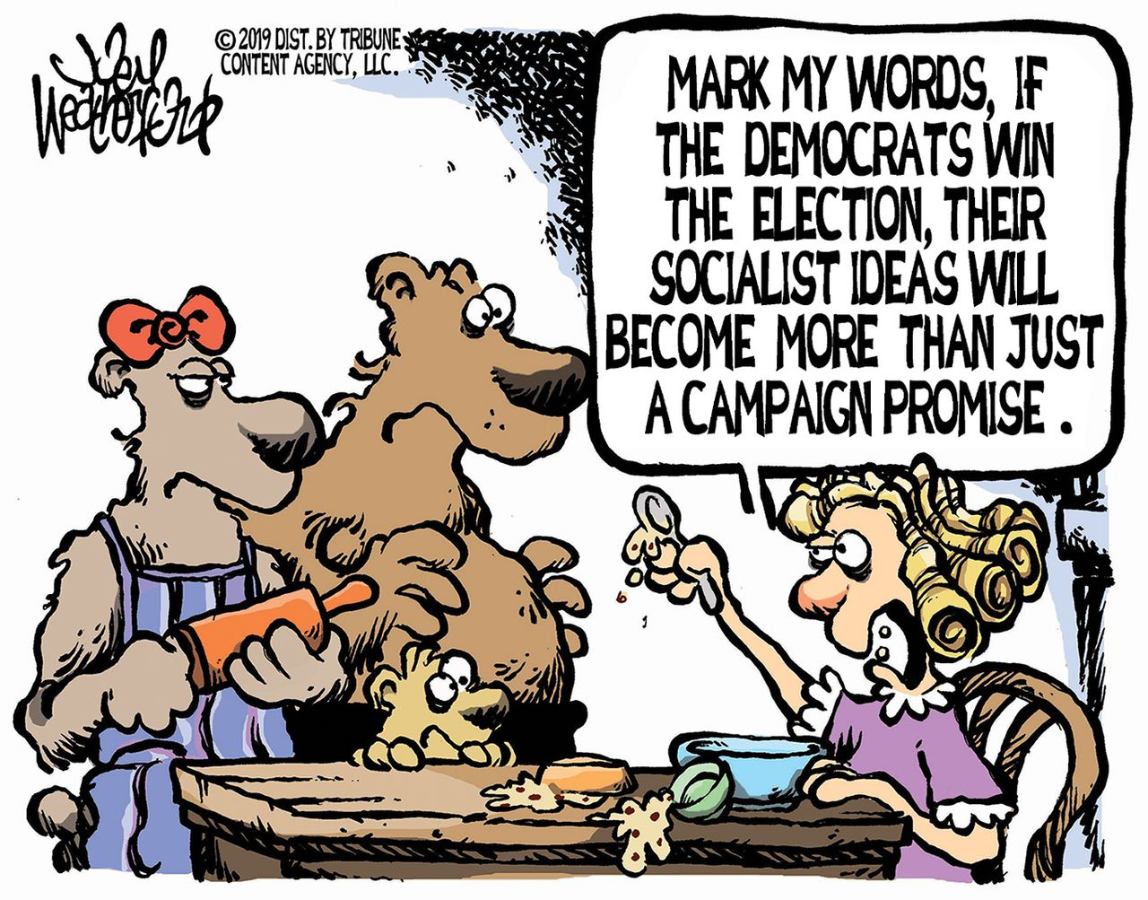 Political Cartoon U.S. Democrats 2020 Win Goldilcoks Socialism