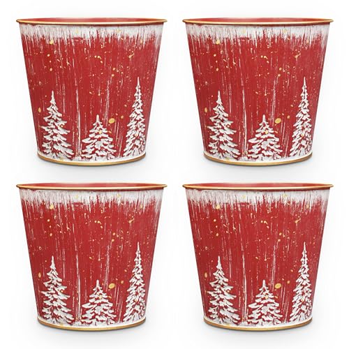 Putuo Decor Christmas Planters Pots, 5.9in Small Metal Tin Buckets With Christmas Tree Pattern, 4pcs Round Galvanized Beverage Tub for Party Centerpiece Table Decorations