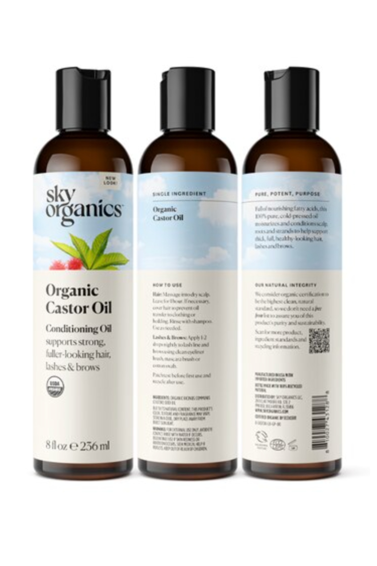 three brown bottles of castor oil with white and blue labels