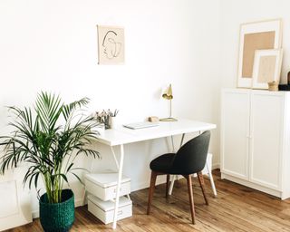 White home office with green desk chair