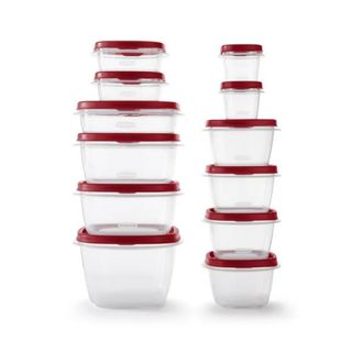 Clear food containers stacked on top of each other with red lids
