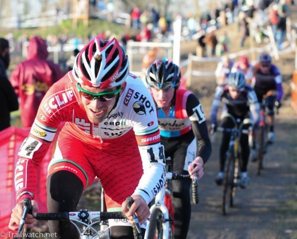 Troy Wells (Clif Bar) leading a group of riders off the BMX track.