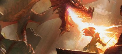 An adventurer thwarts the hot jet of fire from a dragon