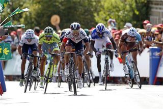 Jonas van Genechten sprints to the finish on stage seven of the 2016 Vuelta a España. Photo: Yuzuru Sunada