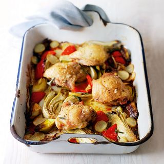 One Pan Chicken Thighs With Roast Vegetables