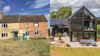 A before and after shot of an old derelect farm building demolished to build a contemporary self build