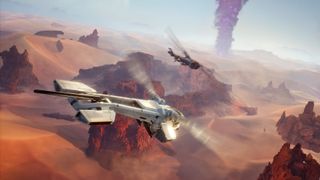 Dune Awakening art - two ornithopters over the desert