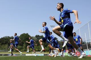 A wide shot of English footballers training