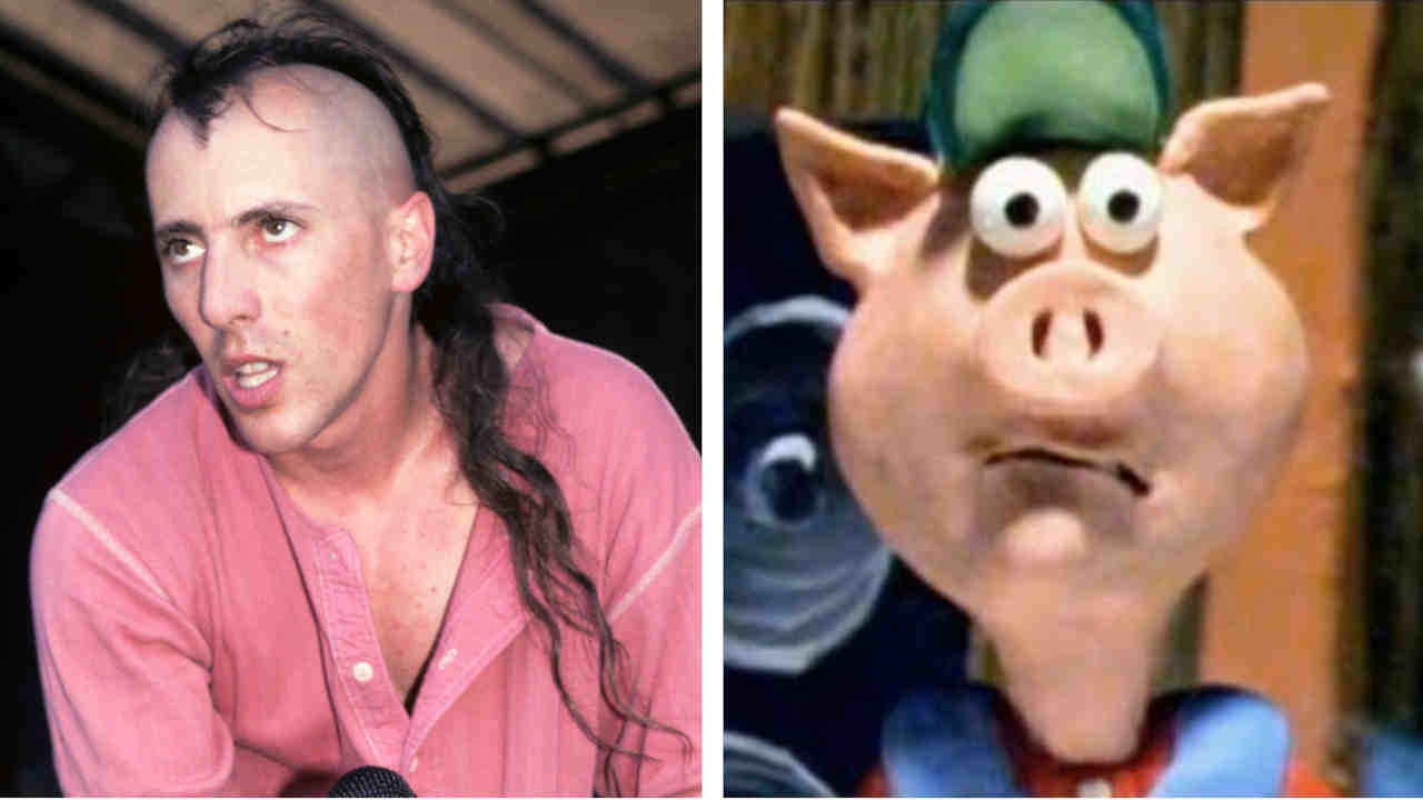 Maynard James Keenan performing onstage in 1993 and a still from Green Jelly’s Three Little Pigs video