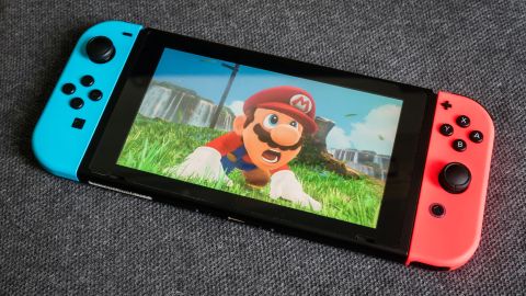 Super Mario Odyssey played on a Nintendo Switch in portable mode