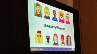 A slide during the GDC 2024 panel "Simulacra and Subterfuge: Building Agentic 'Werewolf'". It shows the text "Generative Werewolf" and avatars for LLM bots. 