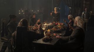Rhaenyra toasts her new dragonriders during a feast in House of the Dragon season 2 episode 8