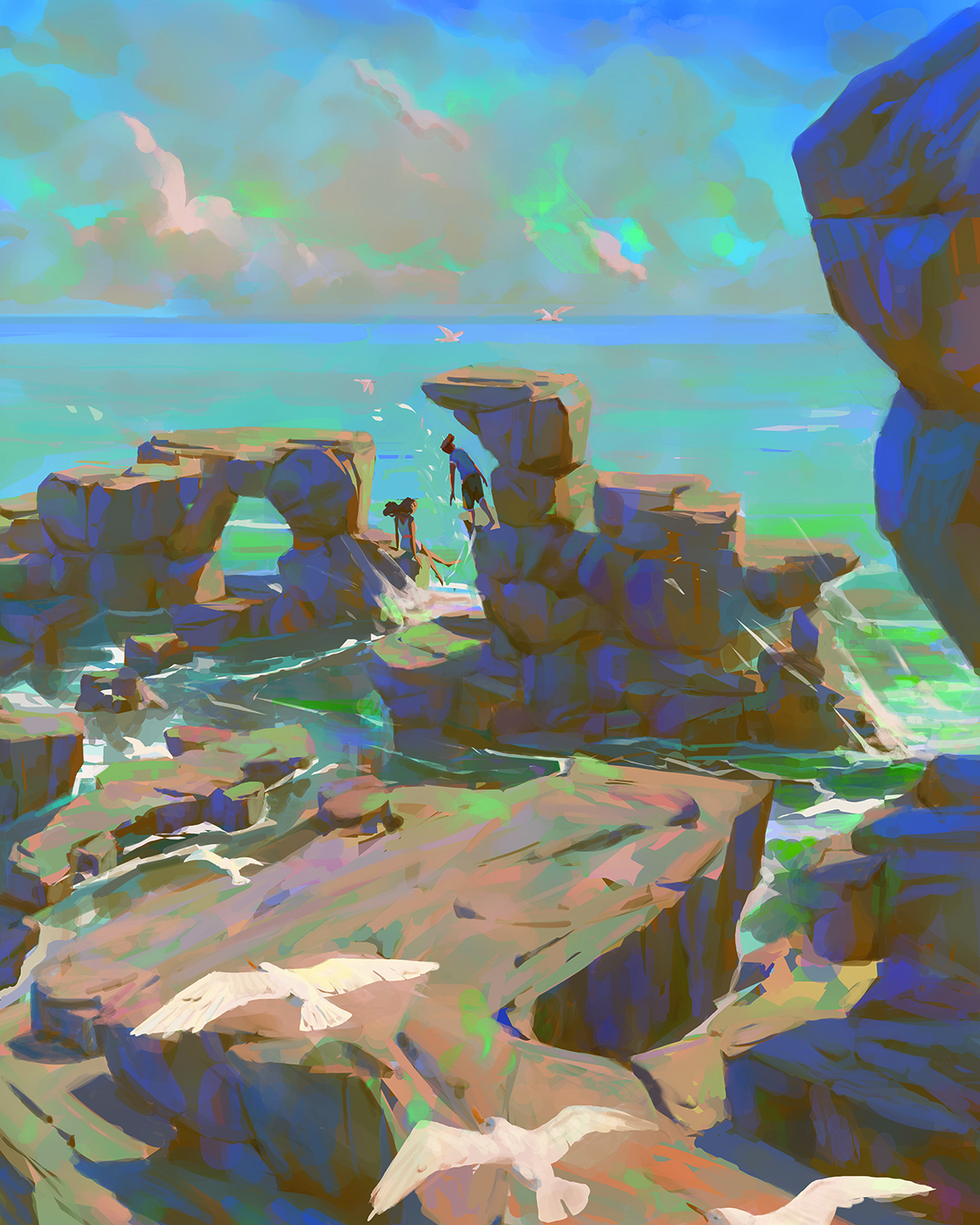 Create cinematic environments; People on rocks
