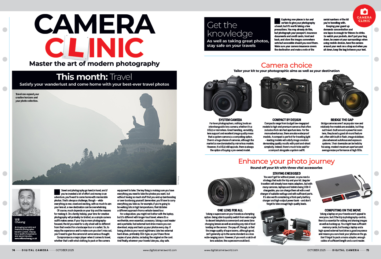 Image showing the first two pages of the Camera Clinic article in issue 299 (October 2025) of Digital Camera magazine, an 8-page masterclass about travel photography