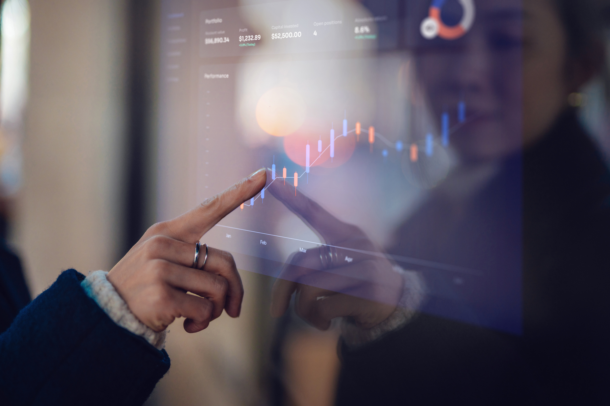 finger touching digital display screen on a fund chart implying active fund management