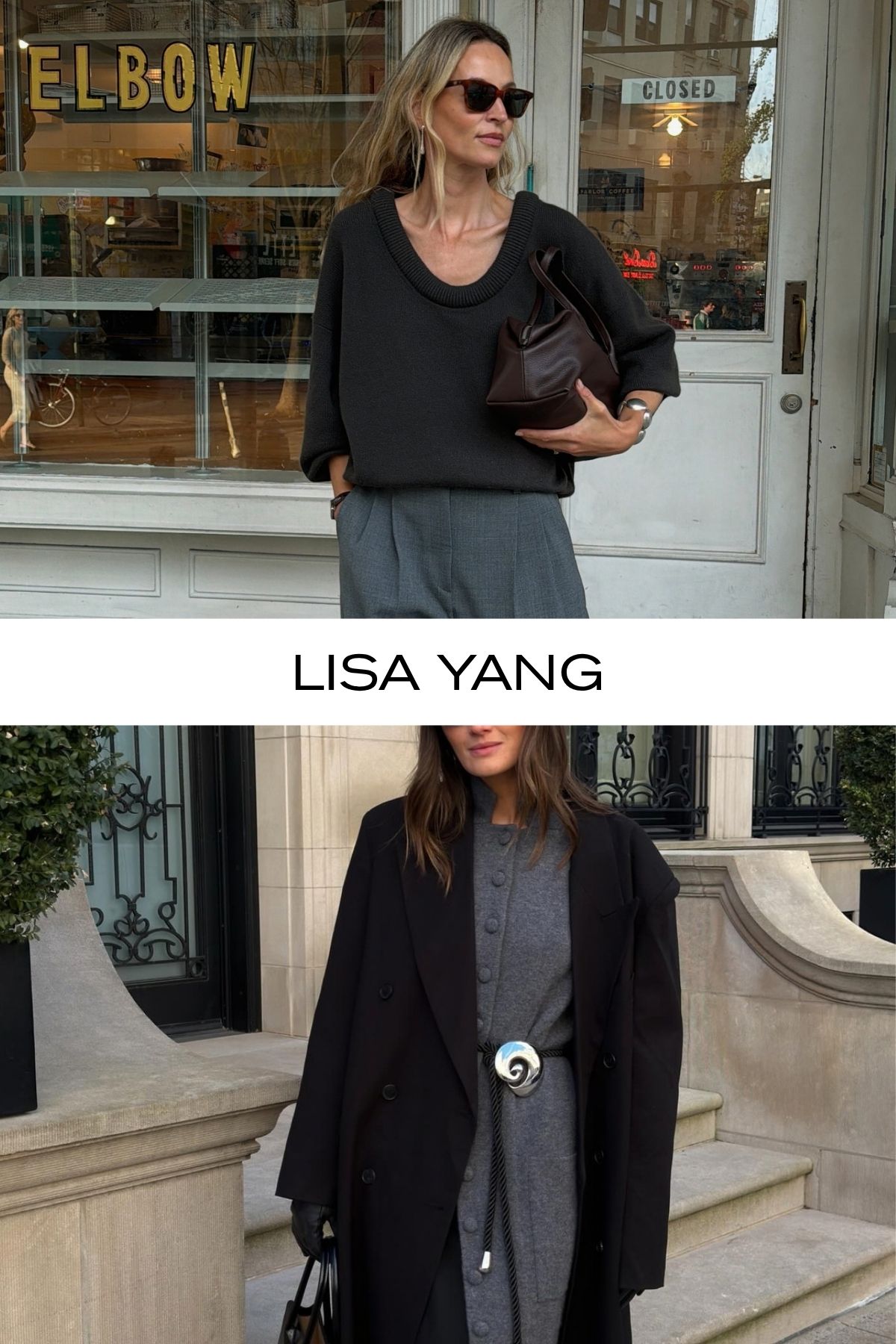 Woman wears brown scoop neck jumper and tailored trousers; woman wears cashmere dress and black coat