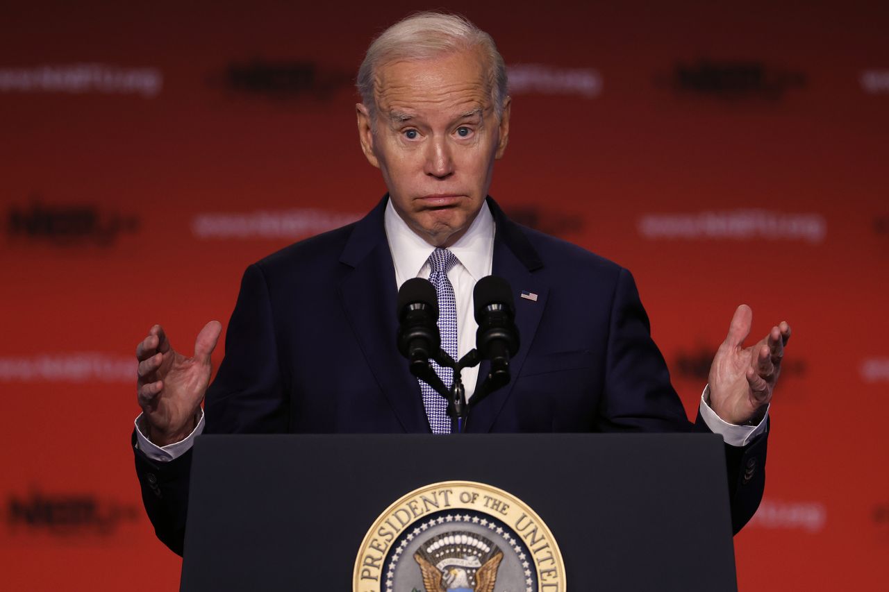 President Joe Biden addresses the North Americas Building Trades Unions legislative conference at the Washington Hilton on April 25 2023 in Washington DC Earlier in the day Biden released a video where he officially announced his reelection campaign