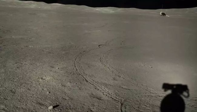 A stitched image from Yutu-2 looking back toward the Chang'e-4 lander during lunar day 7, in late June and early July 2019.