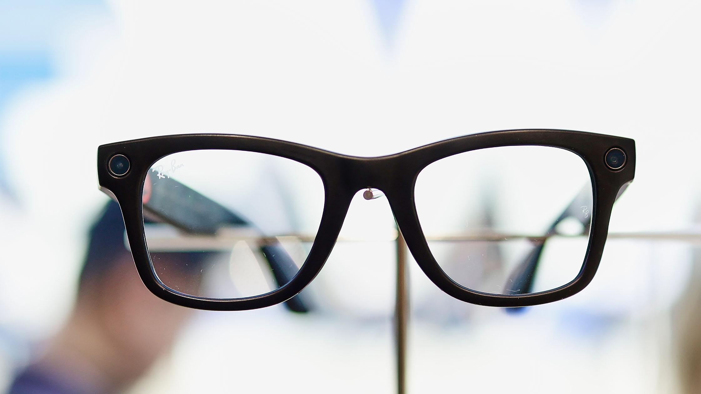 A close-up of the Ray-Ban Meta Wayfarer (Gen 2) smart glasses in Shiny Black.