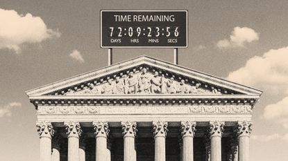 Illustration of the US Supreme Court with a &#039;time remaining&#039; counter on the roof