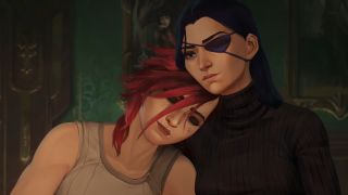 Vi resting her head on Caitlyn's right shoulder in Arcane season 2