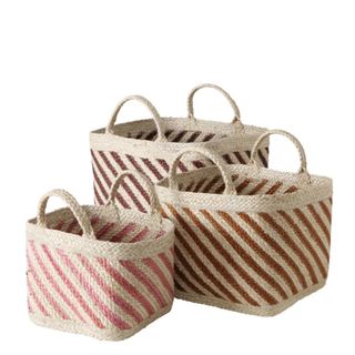 Three striped wicker baskets with handles