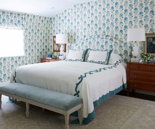 blue and white floral bedroom