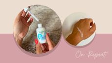 Aleesha holding the Simple Booster Serum 3% Hyaluronic Acid & B5 open and a drip of it on the back of her hand