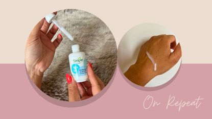 Aleesha holding the Simple Booster Serum 3% Hyaluronic Acid & B5 open and a drip of it on the back of her hand