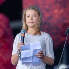 reta Thunberg speaks to the crowd from the main Pyramid Stage at the 2022 Glastonbury Festival during day four of the Glastonbury Festival at Worthy Farm