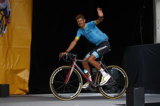 Jakob Fuglsang rides on stage at the 2018 Tour de France team presentation
