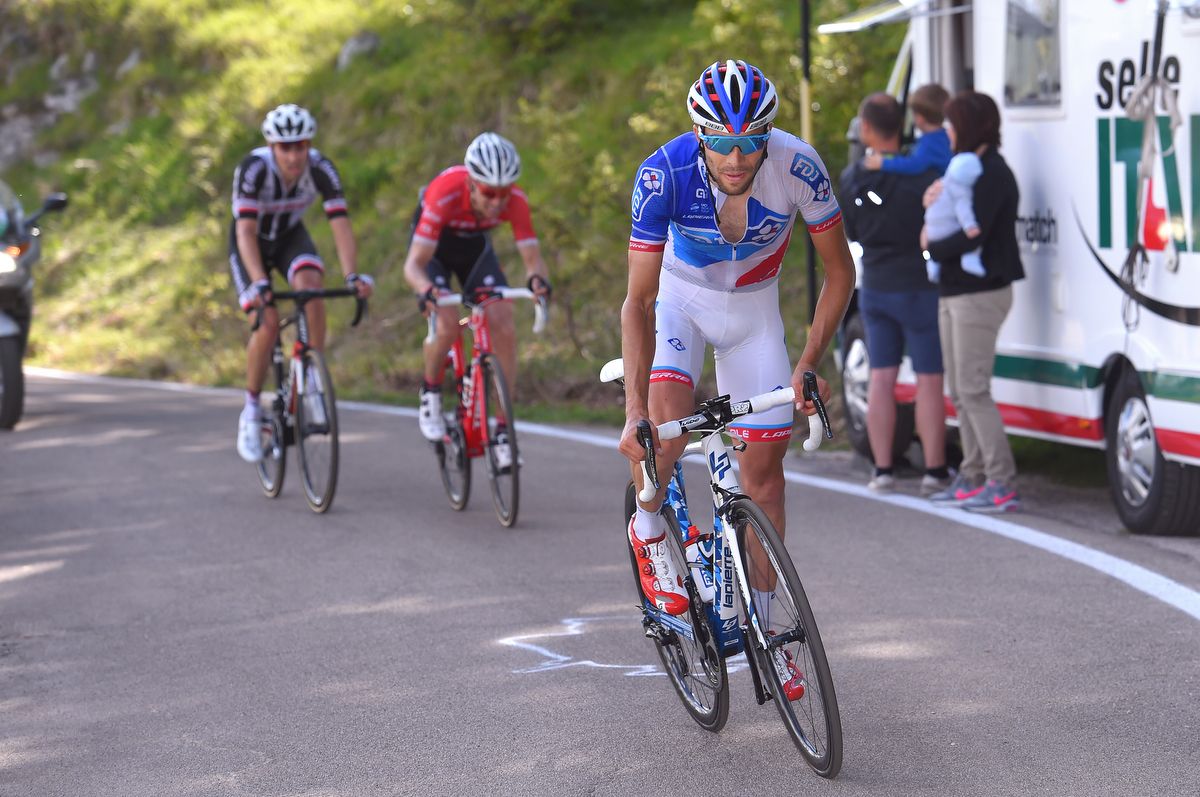 Thibaut Pinot (FDJ) skipping away from Tom Dumoulin (Team Sunweb) with Bauke Mollema (Trek-Segafredo)