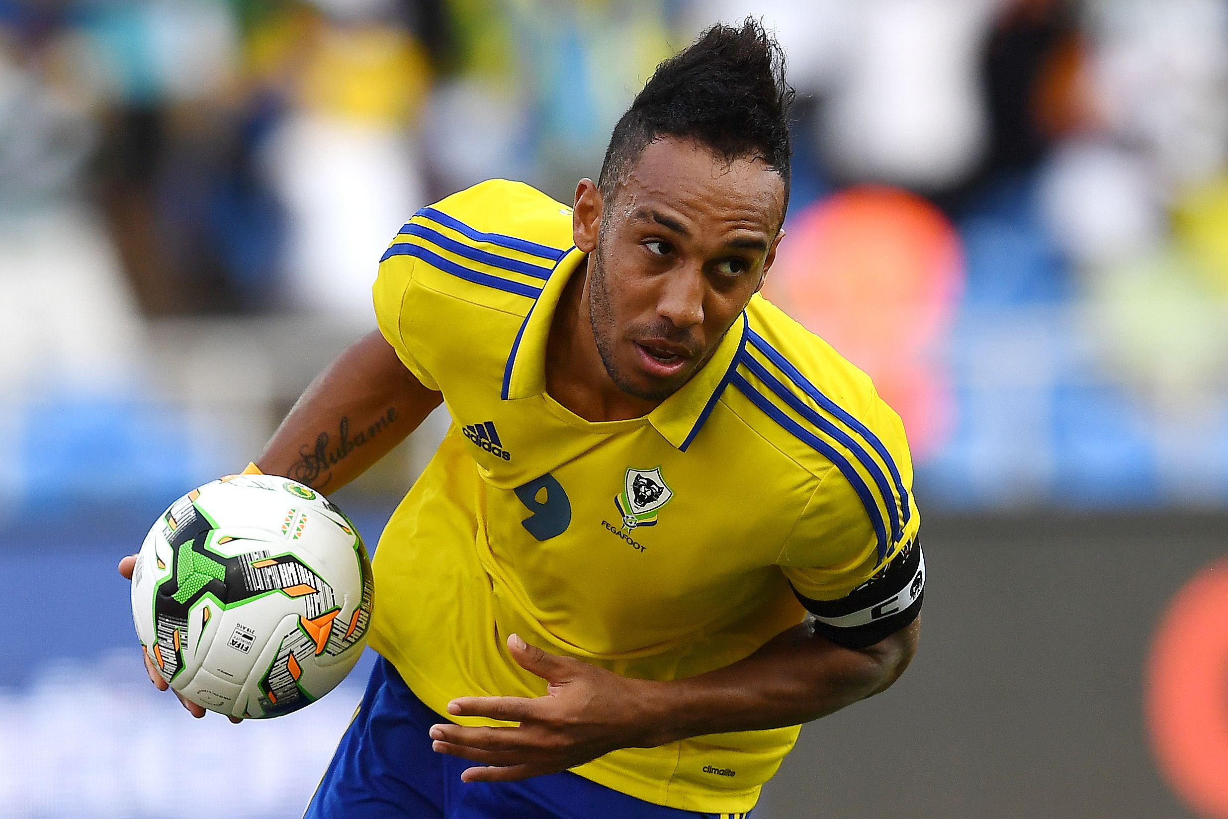 Pierre-Emerick Aubameyang reacts after scoring a penalty for Gabon against Burkina Faso at the Africa Cup of Nations in January 2017.