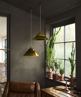 Limewash taupe walls in study with bright windows and white crittal. Five plants on window sill and mid century ceiling lamps with deep mustard fade lampshades. There is a glossy wooden desk and mid century leather armchair in the lower end of the shot.