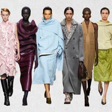 A collage of fall 2024 color trends, including pink, merlot, baby blue, gray, camel, and green at Prada, Khaite, Bottega Veneta, Loewe, Saint Laurent, Carven