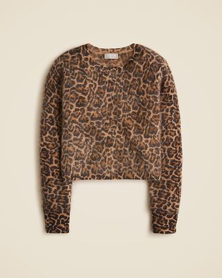 Brushed Cashmere Shrunken Crewneck Sweater in Leopard Print