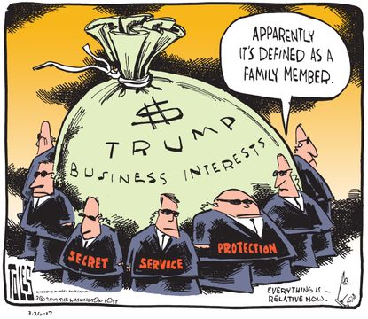 Political Cartoon U.S. President Trump business interests secret service protection
