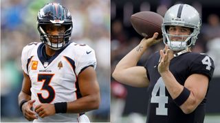 Composite image of Russell Wilson and Derek Carr ahead of Broncos vs Raiders