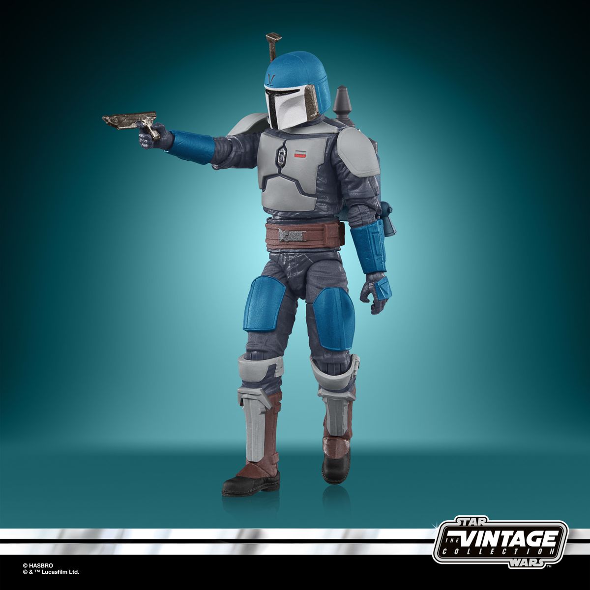 The Mandalorian Fleet Commander action figure on a blue and black background