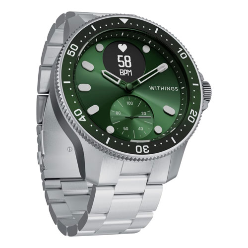 The Withings ScanWatch Horizon with green watch face on a white background.