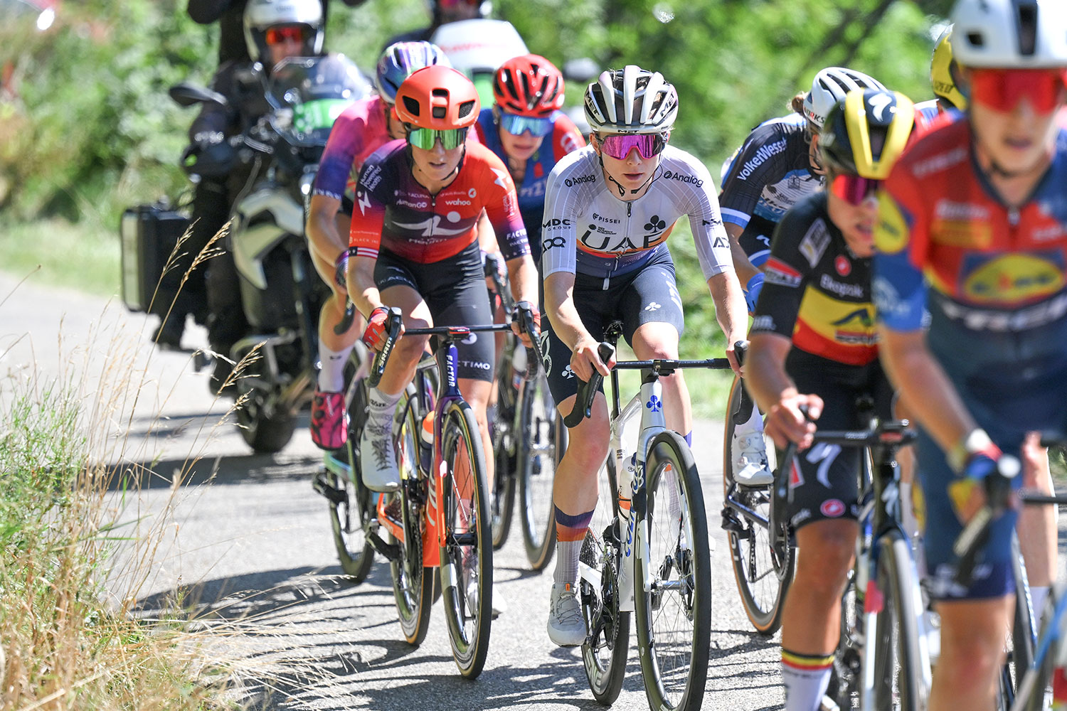 CHAMBERY, FRANCE - AUGUST 01: Maeva Squiban of France and UAE Team ADQ competes in the breakaway during the 4th Tour de France Femmes 2025, Stage 7 a 159.7km stage from Bourg-en-Bresse to Chambery / #UCIWWT / on August 01, 2025 in Bourg-en-Bresse, France. (Photo by Tim de Waele/Getty Images)