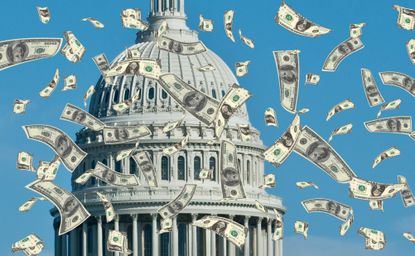 money floating down with U.S. capitol building in the background