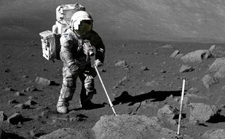 Human prospectors have already been on the moon. Apollo 17's Jack Schmitt, a geologist, is shown during his 1972 mission gauging the off-Earth bounty of resources.